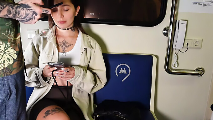 Blowjob And Cowgirl: Public Train Sex With A Tattooed Babe